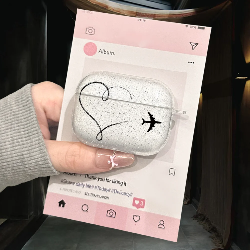 Love airplane pattern suitable for Airpods 3 2 1 Pro 2 4 Pro3 glitter transparent headphone protective case, anti drop