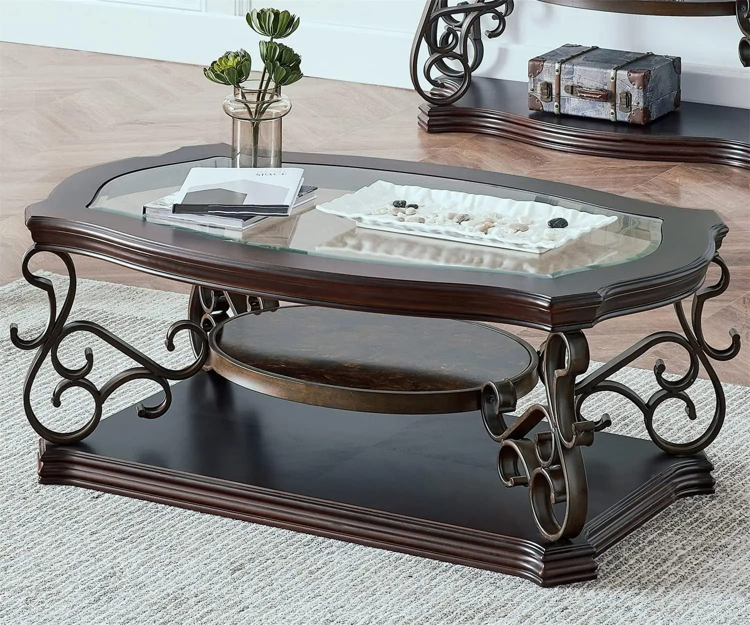 2-Tier Brown Vintage Wooden Coffee Table for Living Room Retro Glass Tea Table Top Carved Flower Shaped Table Legs Small Space