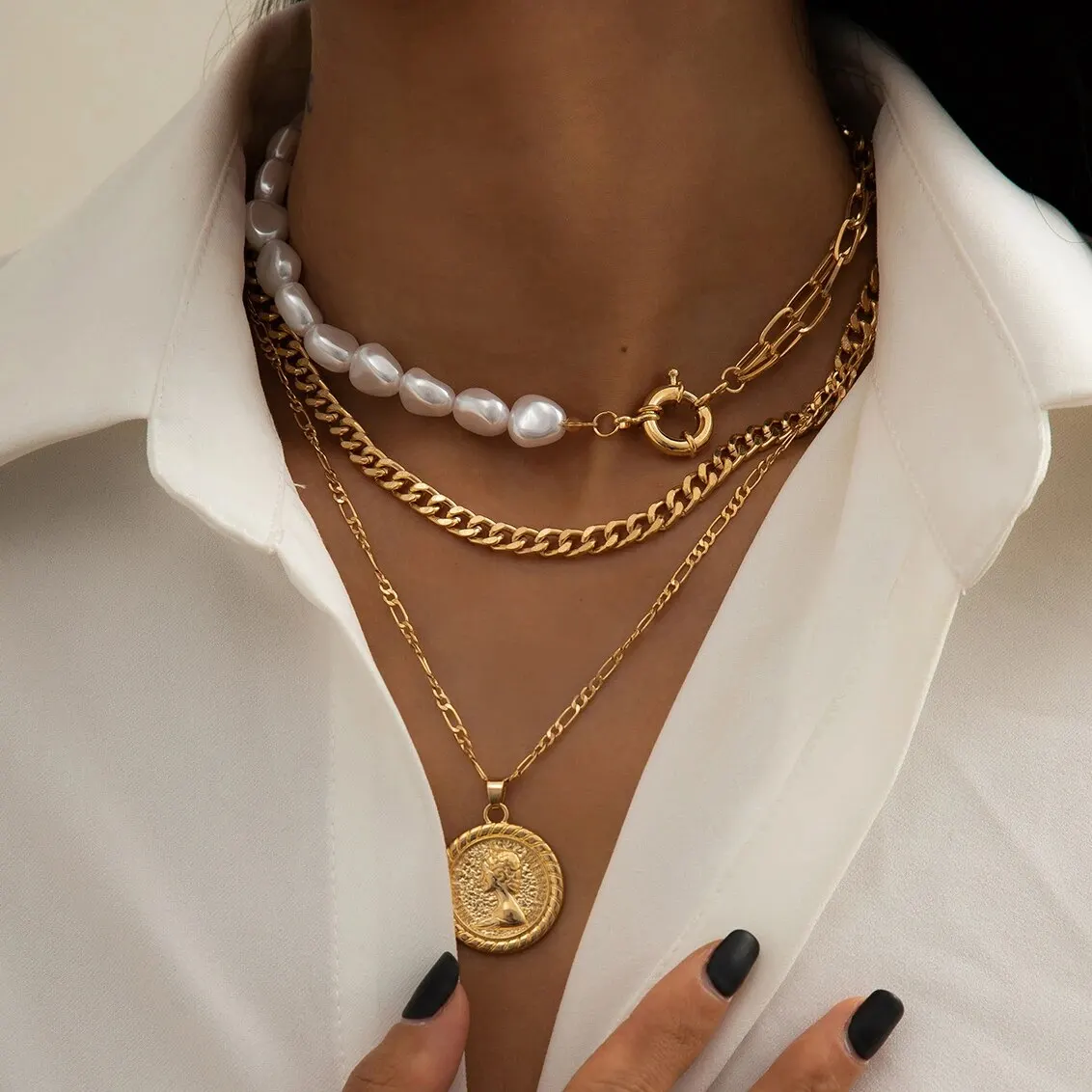 عقد قلادة بدلاية على شكل عملة لؤلؤ تقليد للنساء ، سلسلة ربط عتيقة ، قوطية ، باروك ، جمالية ، مجوهرات الزفاف ، طقم 3
