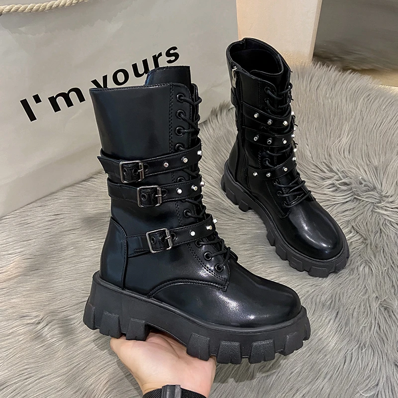 Goth Boots Woman Winter 2022 WOMEN ANKLE BOOTS Platform Shoes Sneakers Studded Belt Buckle Punk Army Chunky Heels Mid Calf Boots