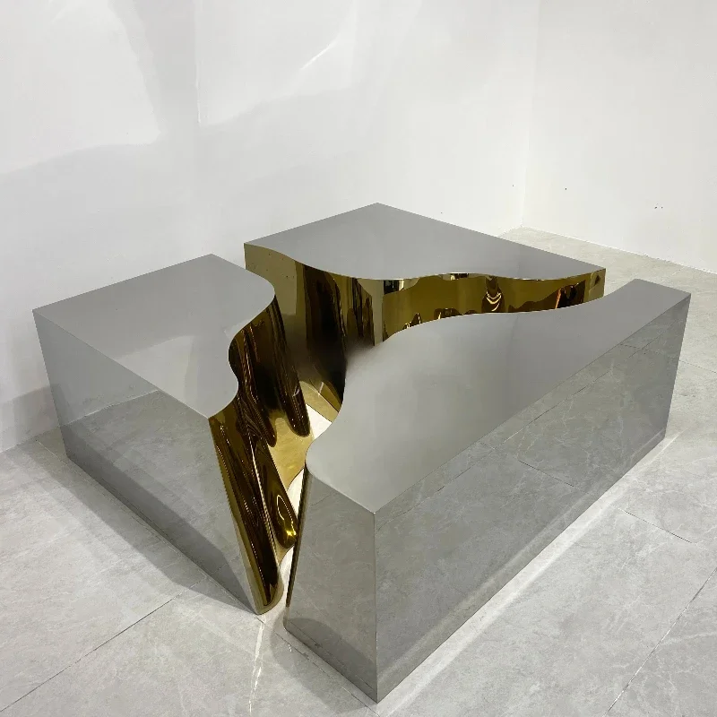 Square Luxury Boca Lapiaz Center Table Sliver And Gold Customized Stainless Steel Metal Modern Coffee Tables