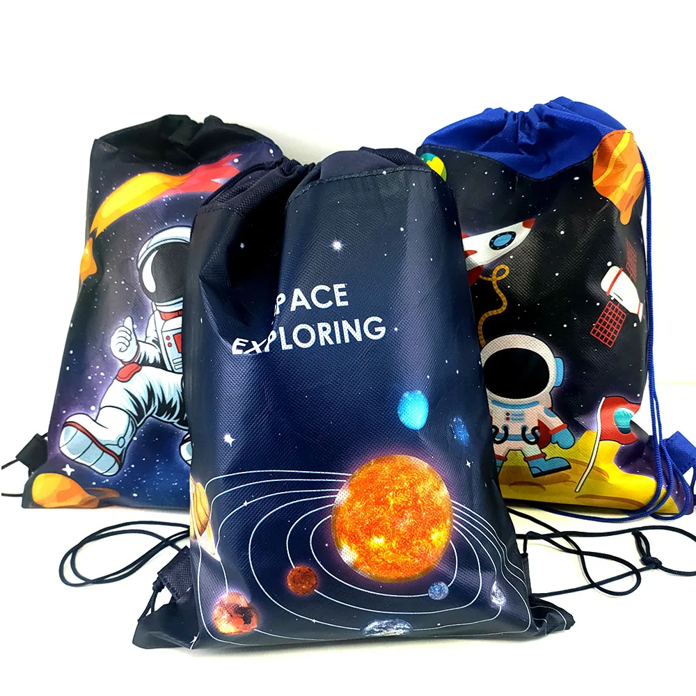 6pcs Out Space Theme Drawstring Bags Astronaut Rocket  String Backpacks Kids Space Birthday Party Favors Gift Goodie Loot Bags