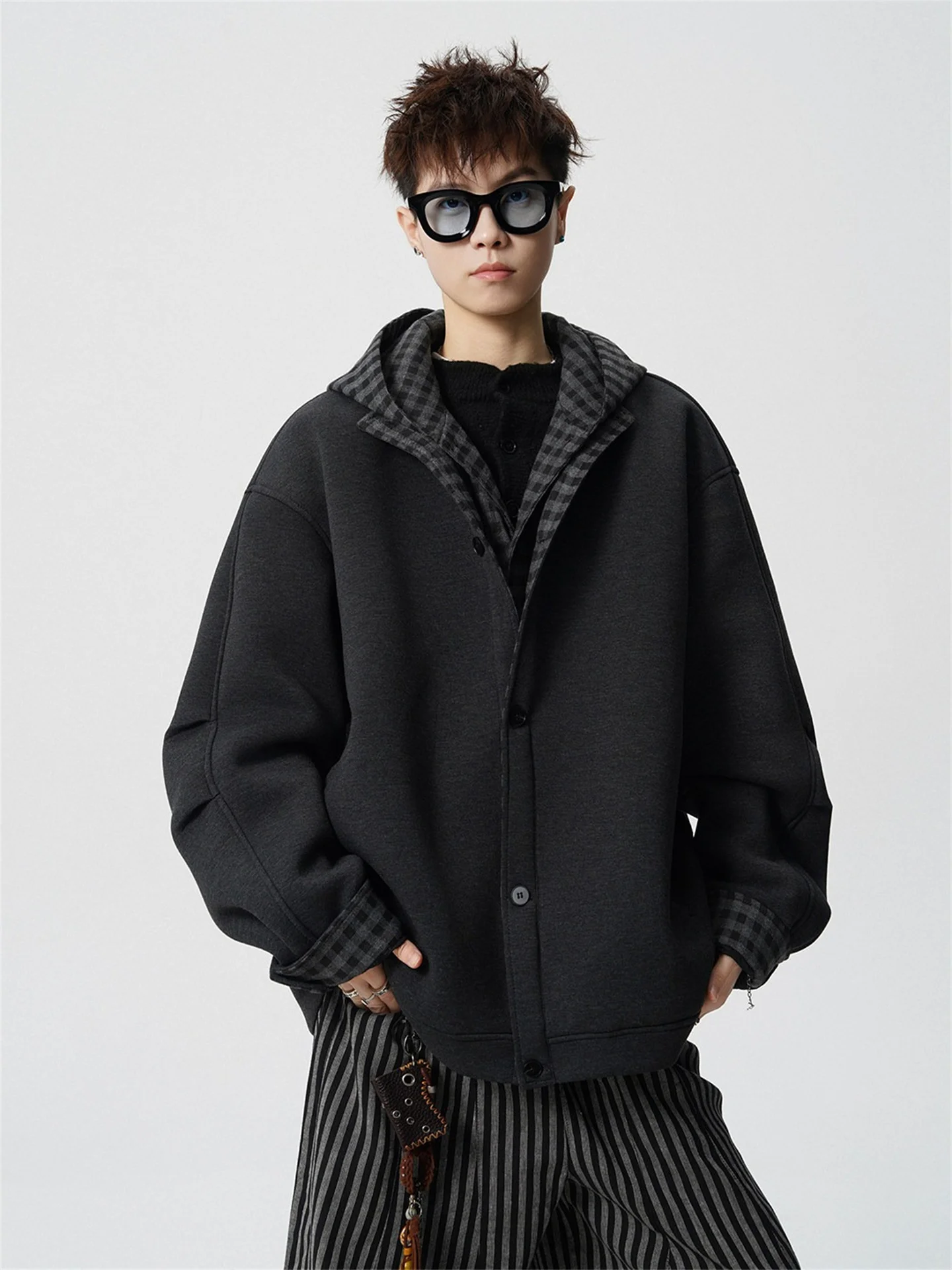 

Thiened Plaid Hooded Cotton Jaet Men's Casual ey Versatile American Sle Thi Cotton Coat Youth ular Summer Waterp...