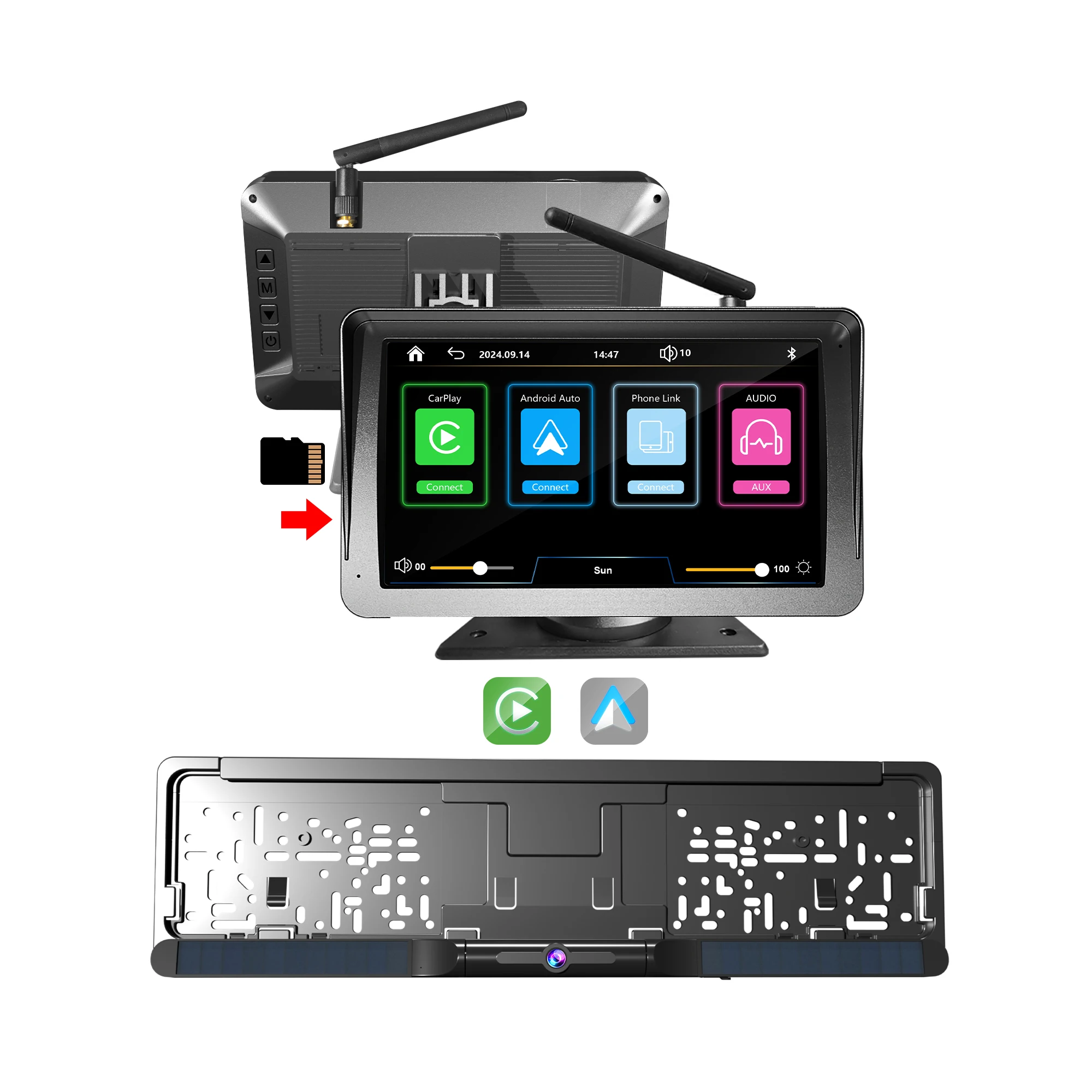 

DIY Wireless Solar Radio 720P HD Reversing Camera Set Eu License Plate Holder 7" With Carplay And Android Auto