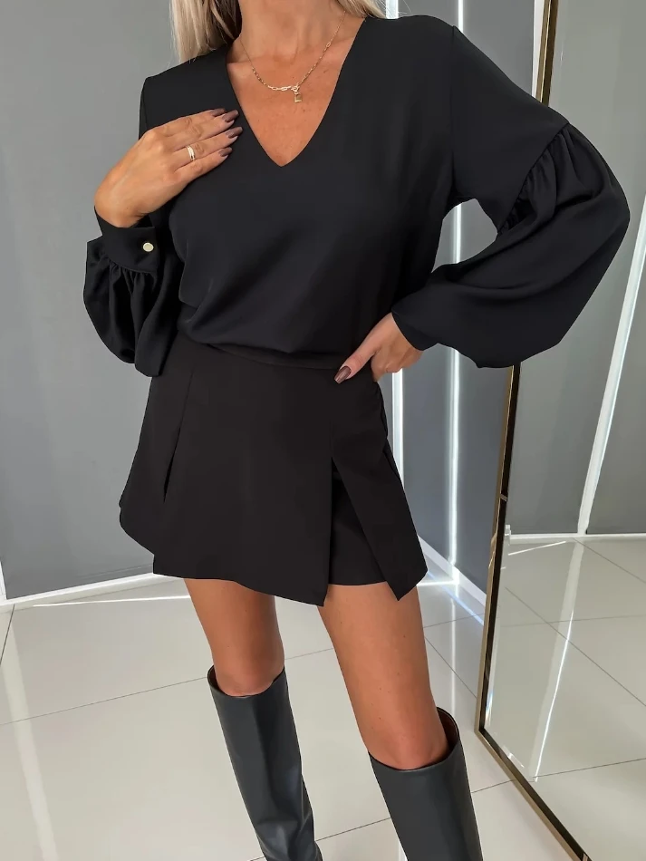 

Fashion Woman Blouse Spring Lantern Sleeved V-Neck Solid Color Casual Loose Fitting Daily Long Sleeved Shirt Top Woman Clothing