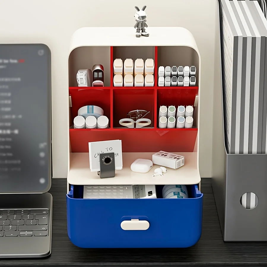 

Modern Bauhaus Style Desk Organizer with Drawer, Large Capacity Multi-Compartment Pen Holder in White and Red – Durable Material