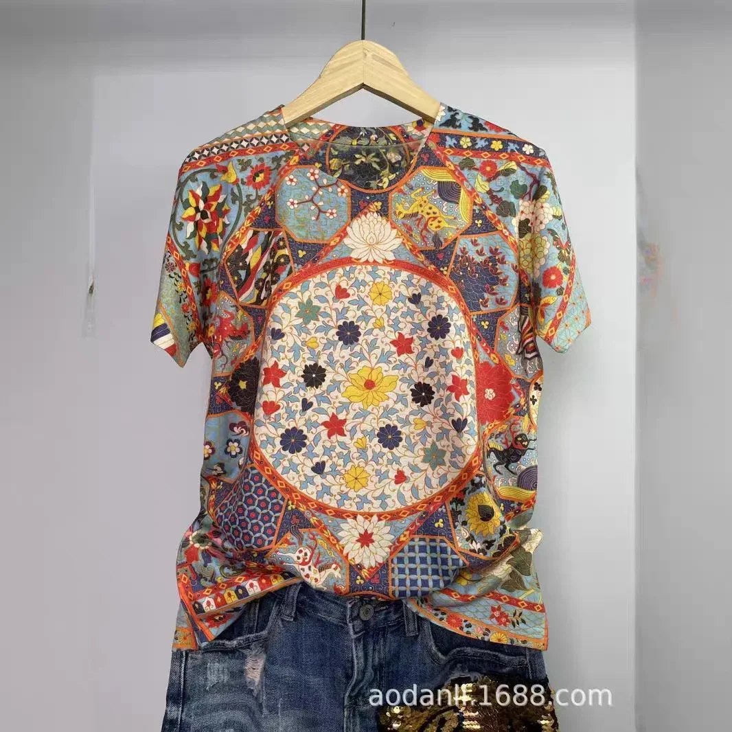 

2025 футболки с цветочным принтом, женская одежда, винтажный стиль, повседневные топы с короткими рукавами и цветочным узором, Camisetas De Mujer Para Verano