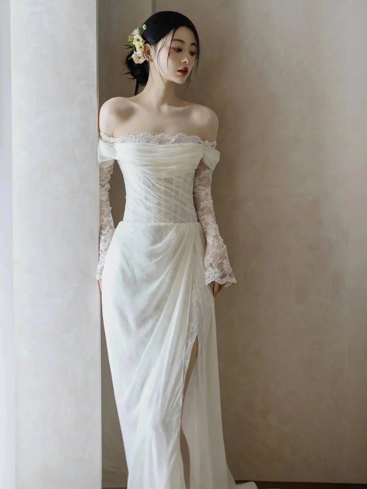 

Элегантное кружевное свадебное платье, легкое вечернее платье с длинным рукавом на одно плечо, наряд для дня рождения/вечеринки, с шлейфом, белое