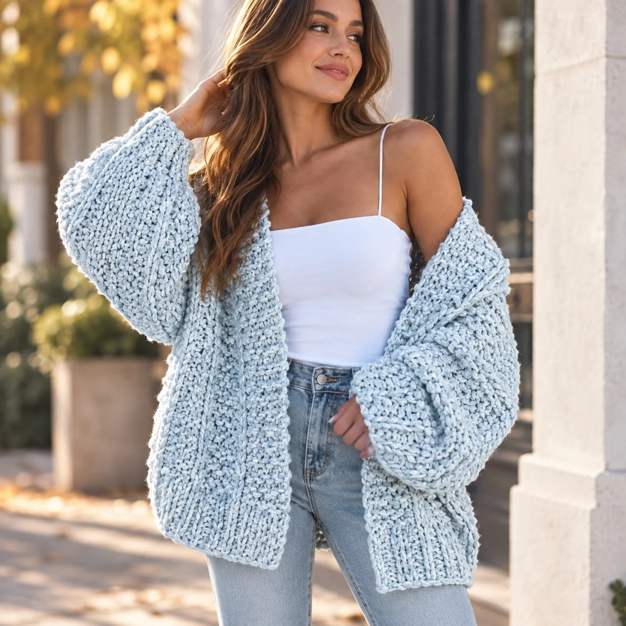Loose Fit Long Sleeve Scarf Collar Cardigan with Heat Set Finish Elegant Medium Weight Regular Length Cardigan for Women