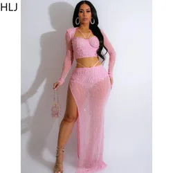 HLJ Fashion Luxury Rhinestone Mesh Perspective Two Piece Sets Women Long Sleeve Crop Top+High Slit Skirts Outfit Female Clothing