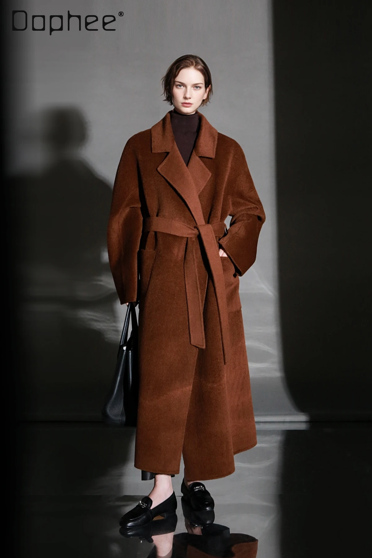 

Hepburn Style Suit Collar Elegant Lace-up Slim Coats for Women High-end Double-sided Alpaca Wool Long Coat Autumn Winter New