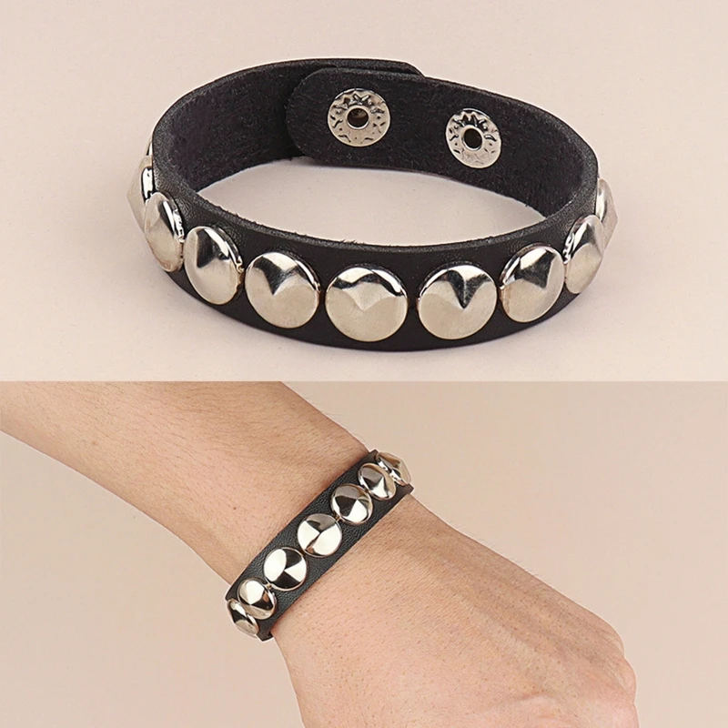 Punk Rock Wrap Leather Bracelet Men Vintage Circle Spikes Rivets Bracelet Gothic Bracelets Button for Women Jewelry