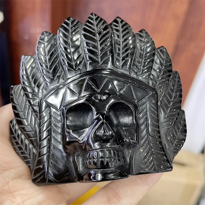 Natural Black Obsidian Crystal Hand Carved Indian Chief Skull Crafts Healing Powerful Statue For Home Decoration 1pcs