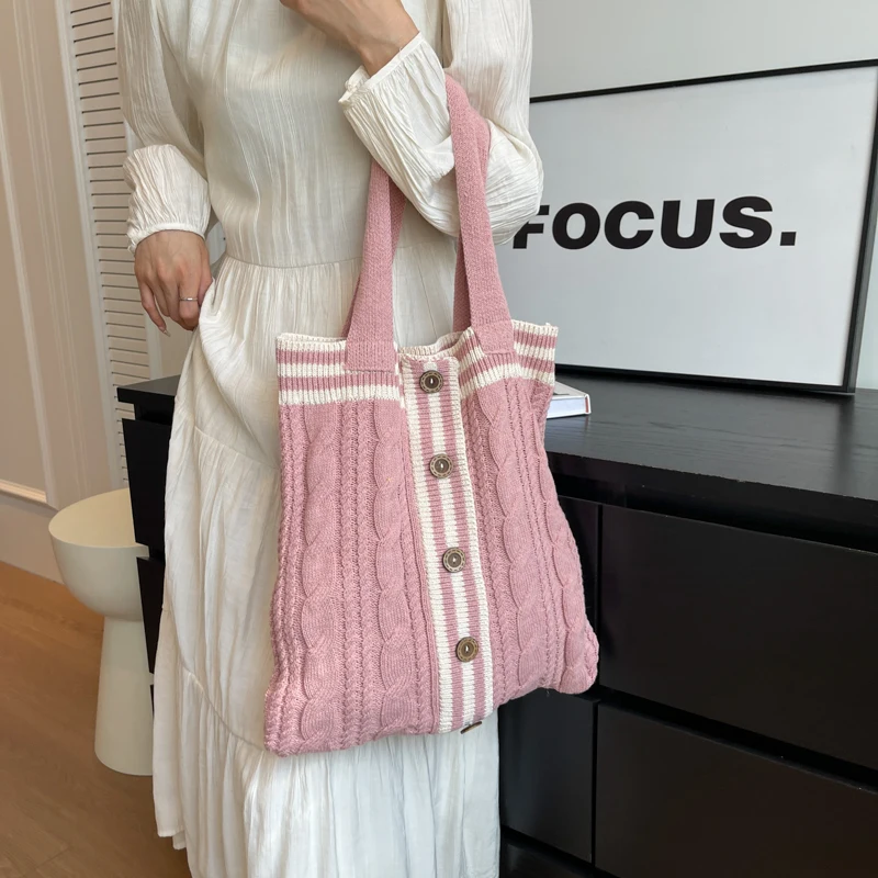 Woolen Knitted Shoulder Bags For Women 2023 Autumn New Jumper Shape Handbags Patchwork Large Capacity Hobo Bucket Shopper Totes