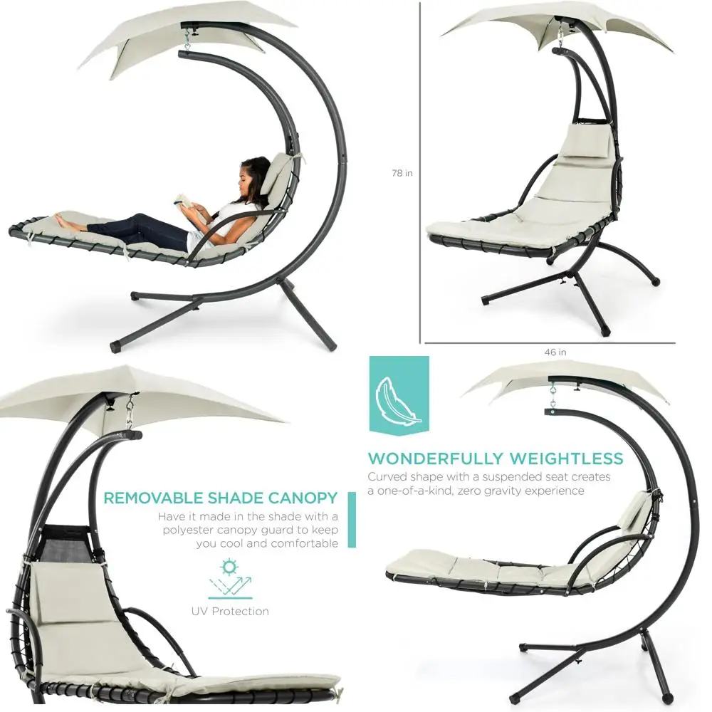 أرجوحة كرسي استرخاء من الفولاذ المنحني في الهواء الطلق مع وسادة مدمجة ومظلة قابلة للإزالة، لون عاجي، مثالية للاسترخاء فيك #1