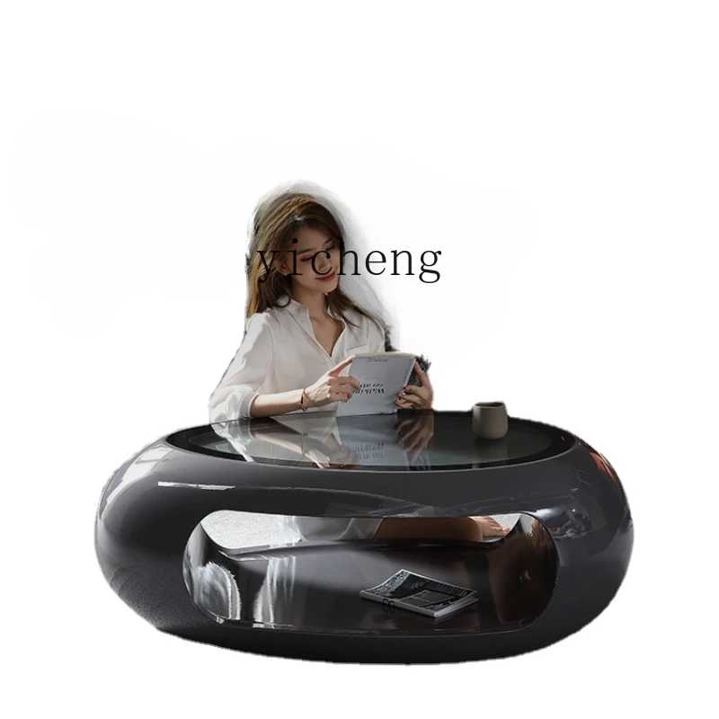 

ZC Small Apartment Coffee Table Oval Minimalist Art Fashion round Tea Table Simple Modern Shaped Storage Tempered Glass Surface