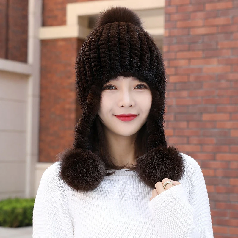 100% Real Mink Fur Hat Women's Winter Aviator Trapper Snow Skiing Ear Caps Earflap Winter Mink Fur Fluffy Bomber Hat