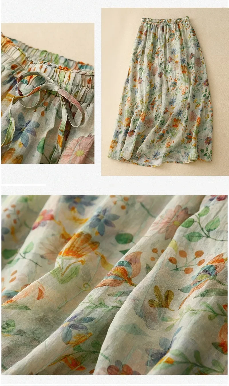 Rok wanita Vintage, Rok wanita Vintage musim semi/musim panas, katun Linen, pinggang tinggi, longgar, motif, gaya China, pakaian A-LINE 2024, Korea