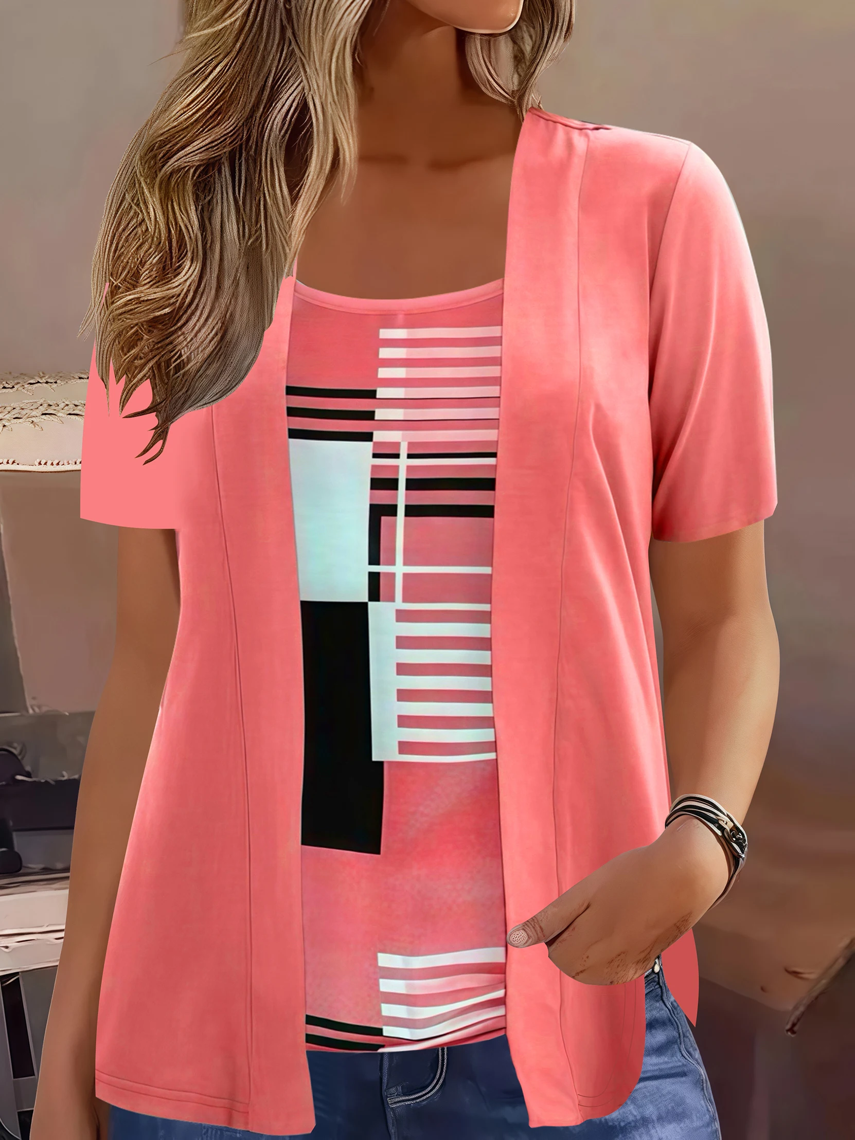 Elegant Geometric Print Mock Two-Piece T-Shirt | Plus Size Womens Summer Casual Top | Fashion Patchwork Design