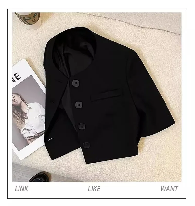 เสื้อแจ็คเก็ตผู้หญิงสีดำแบบสั้น เสื้อคลุมสูทผู้หญิงคุณภาพสูง สไตล์ลำลอง เสื้อคลุมคาร์ดิแกนทรงหลวม เสื้อแจ็คเก็ตบางสไตล์สตรีท