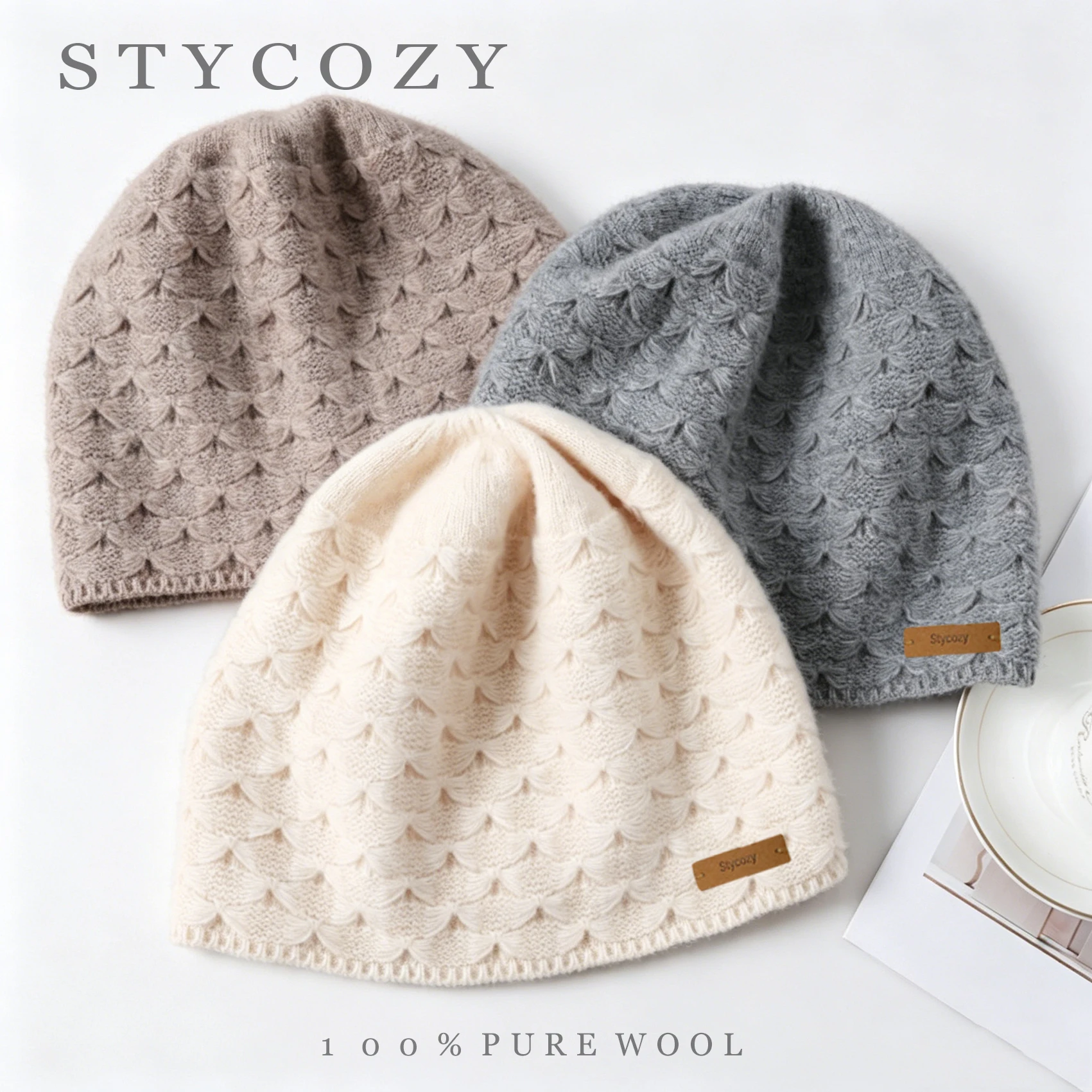 100% Wool Solid Color Hollow Jacquard Knit Hat Warm Ear-Protecting Beanie For Women Autumn&Winter Outdoor Windproof Pull-On Hat