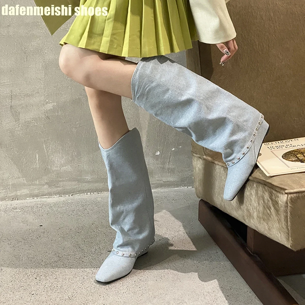 

Blue Denim Wedges Women Knee-Length Boots Rivet Sleeve Square Toe Long Boots 2025 Winter New Fashion Women Shark Boots Mid Heel