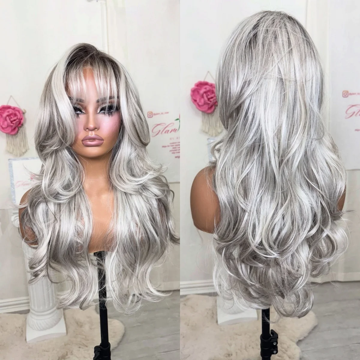 

Серые синтетические кружевные парики с челкой, новый стиль, реалистичный вид, естественная линия волос, объемная волна, парики из термостойкого волокна、