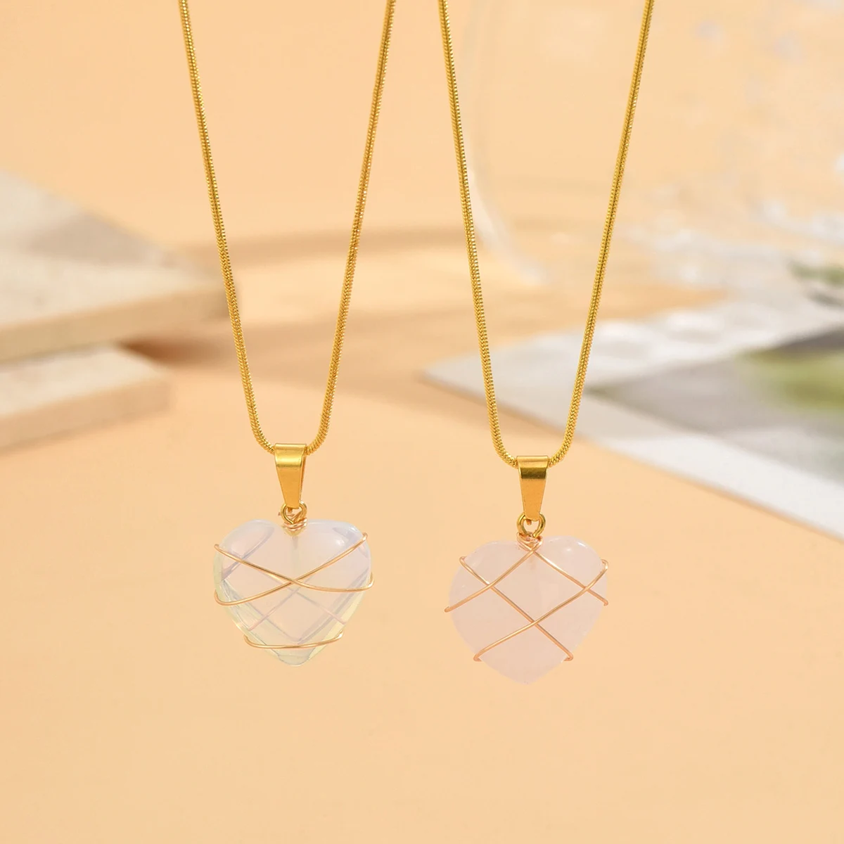 Collar de piedra lunar, collar en forma de corazón de cuarzo rosa, collar Y2K, regalo de collar de mejor amigo y mejor amigo