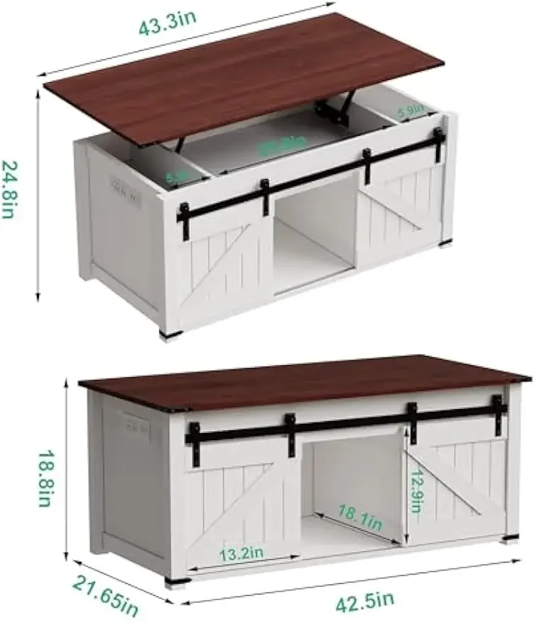 Lift Top Coffee Table with Storage,Farmhouse Coffee Table with Sliding Groove Doors,Rustic Coffee Tables,Center Table,White