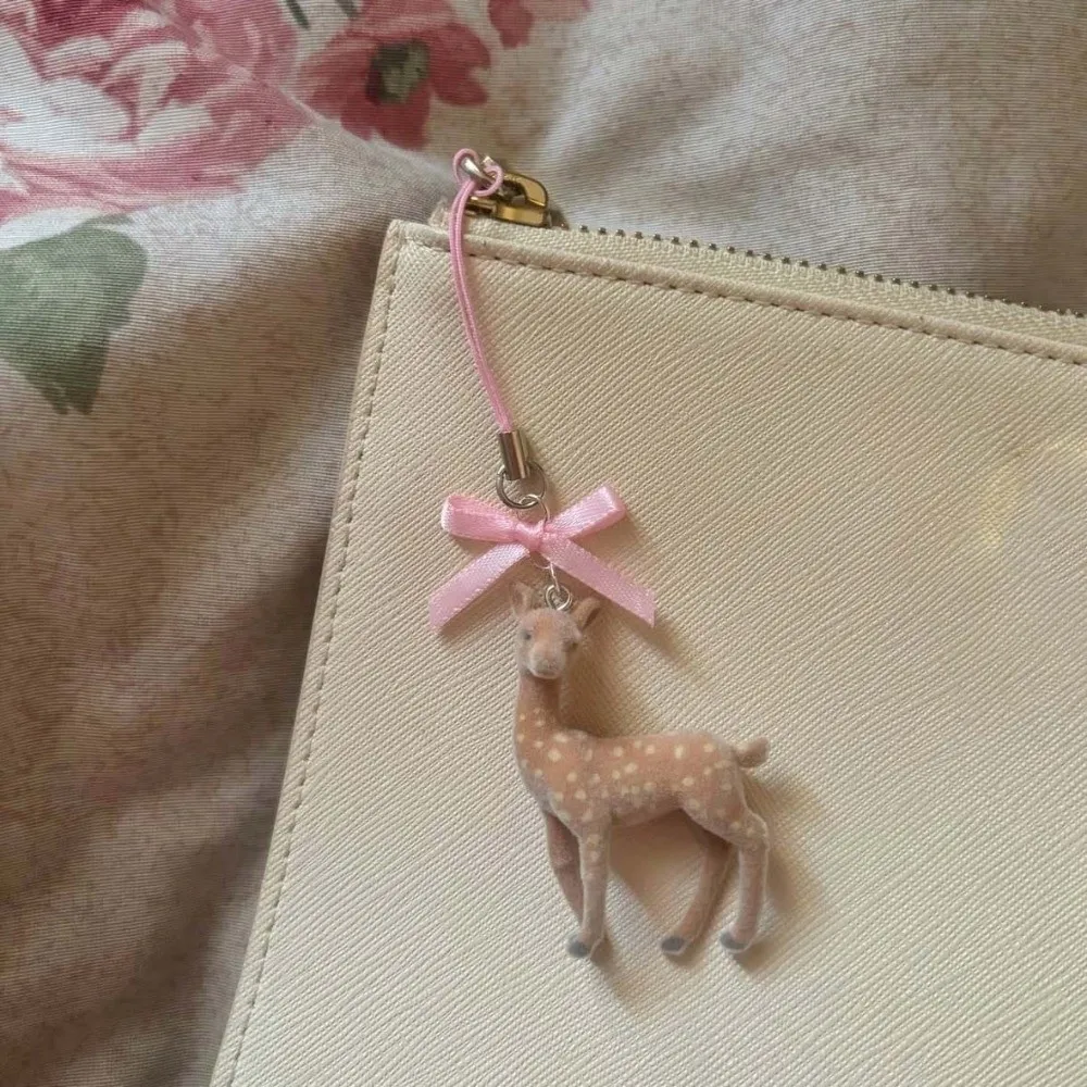 Flower Bag Hanging Flocked Deer Key Chain Miniature Handmade Animal Bag Charm Floral Exquisite Flocked Pendant Handbag