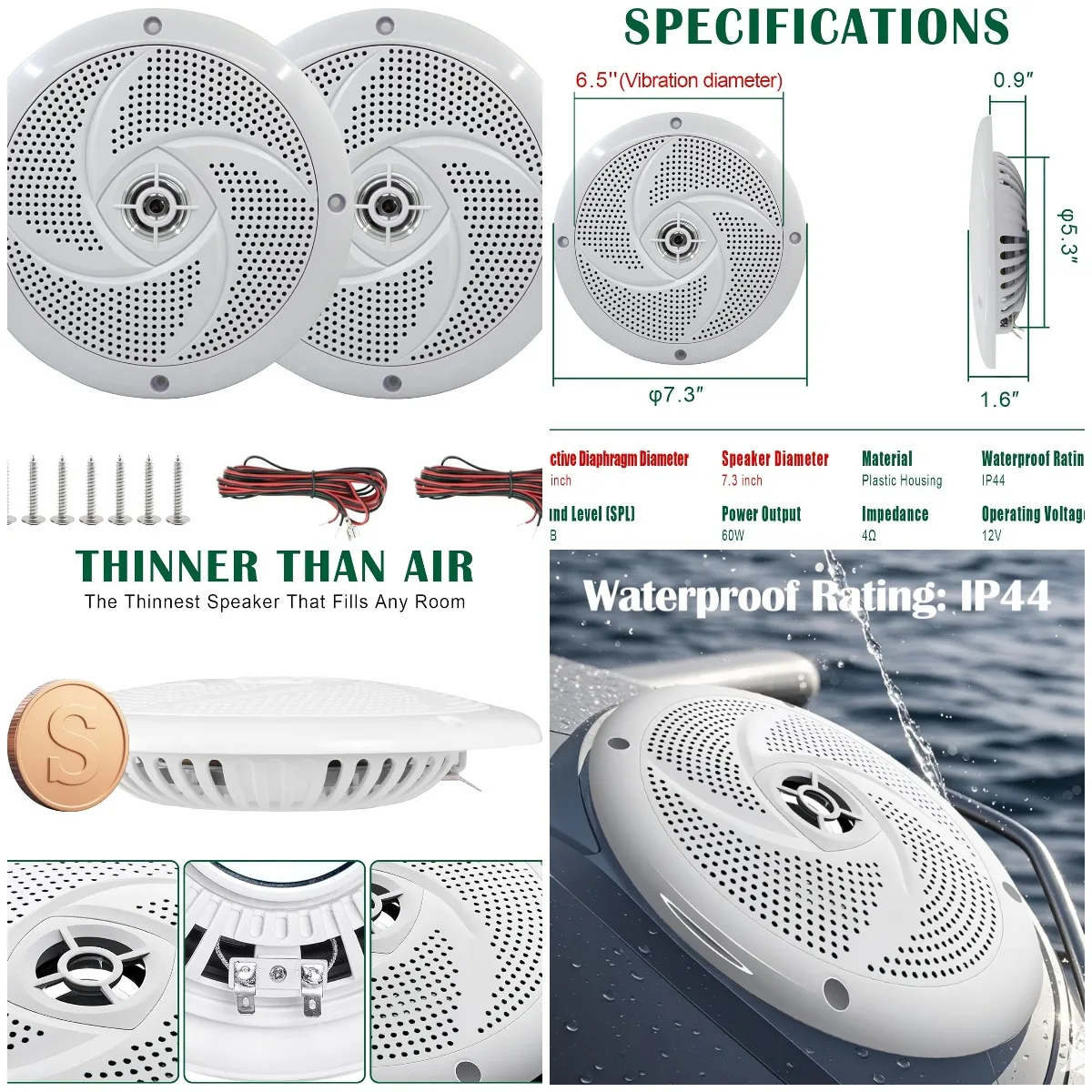 

6.5 Inch Waterproof RV Marine Speakers - 120W White Boat Speakers, 2 Way Indoor Outdoor Stereo, Slim Low Profile, 1 Pair
