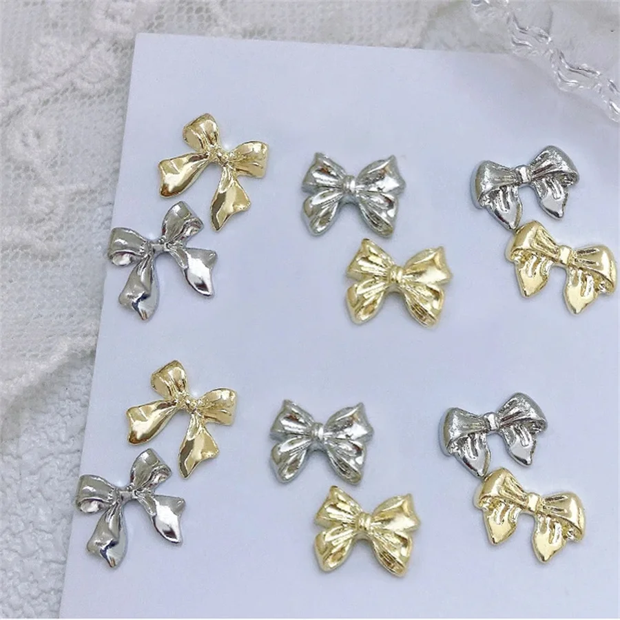 10 ชิ้น/ถุงโลหะ 3D Bowknot สีเทาทองเครื่องประดับตกแต่งเล็บ Studs Charms Rhinestones เล็บตกแต่งสําหรับ DIY ผู้หญิง