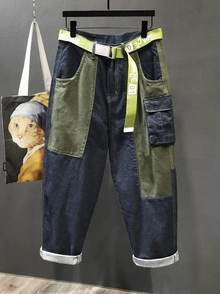 

Fall 2025 Men's High Waist Straight Leg Vintage Patchwork Color Block Multi Pocket Denim Jeans Luxury Loose Casual Trousers