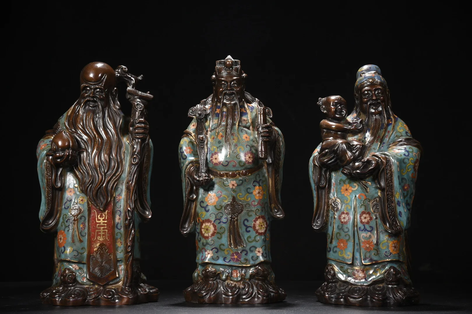 

13"Tibetan Temple Collection Old Bronze Cloisonne Fu Lu Shou Three Immortal Buddha Statue Amass wealth Ornaments Town house