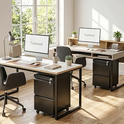 2 Drawer Mobile File Cabinet with Lock, Fully Assembled Except Casters, Under Desk Metal Filing Cabinet for Home Office