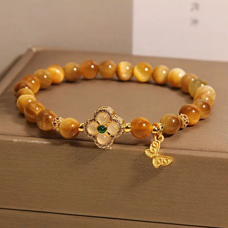 New Chinese Style Light Luxury Niche Exquisite Retro Four Leaf Clover Bracelet Gold Tiger Eye Stone Bracelet for Women
