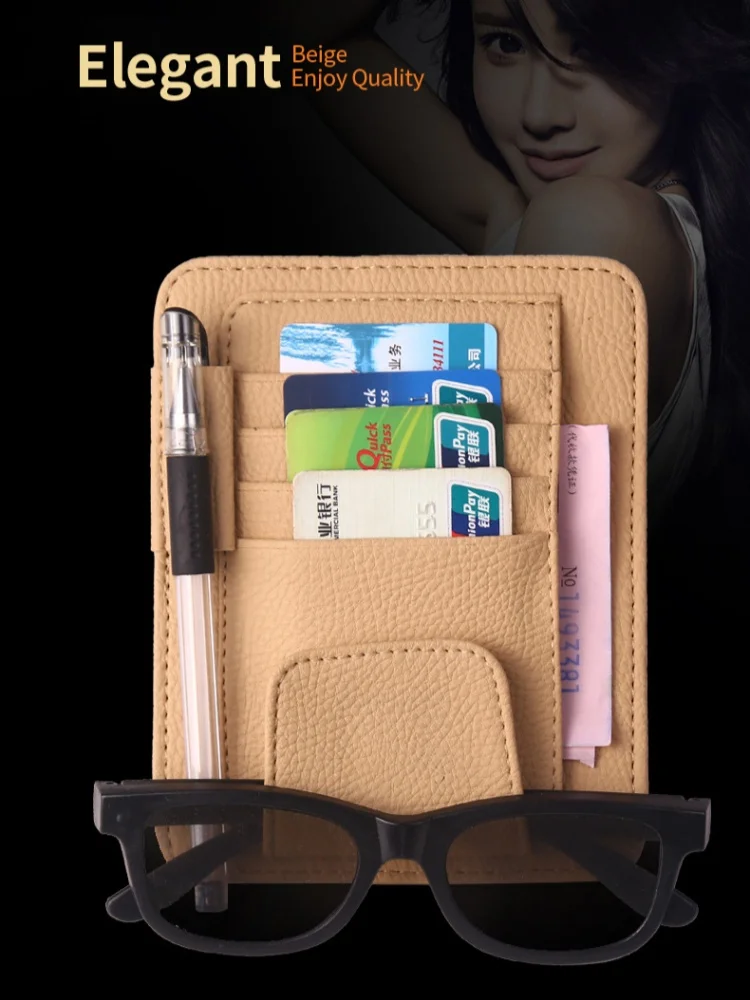 Car Sun Visor Card Holder with Glasses Clip,Premium Leather Card Organizer Multi-Layer Slots,Does Not Block View for ParkingCard