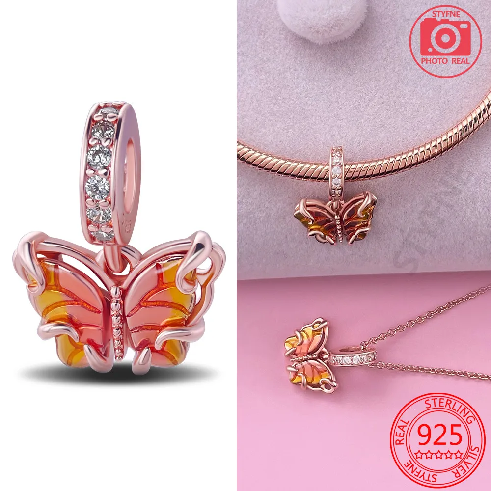 Borboleta de Vidro Murano Dangle Charme Beads para Mulheres, 925 de Prata, Azul e Rosa, Fits Pandora Pulseira, Colar, Presente DIY Jóias