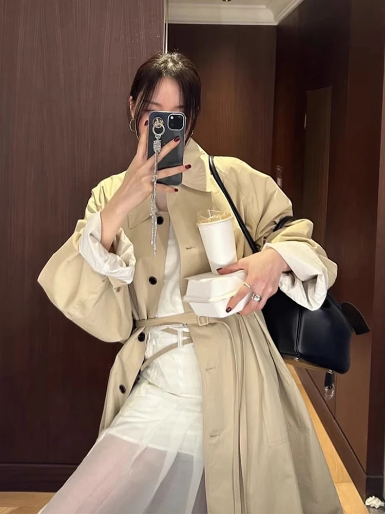 

Retro Briti Sle Loose Casual Single-Button Mid-Length Pure Color Windbreaker Coat for Women Chic Autumn New Arrival