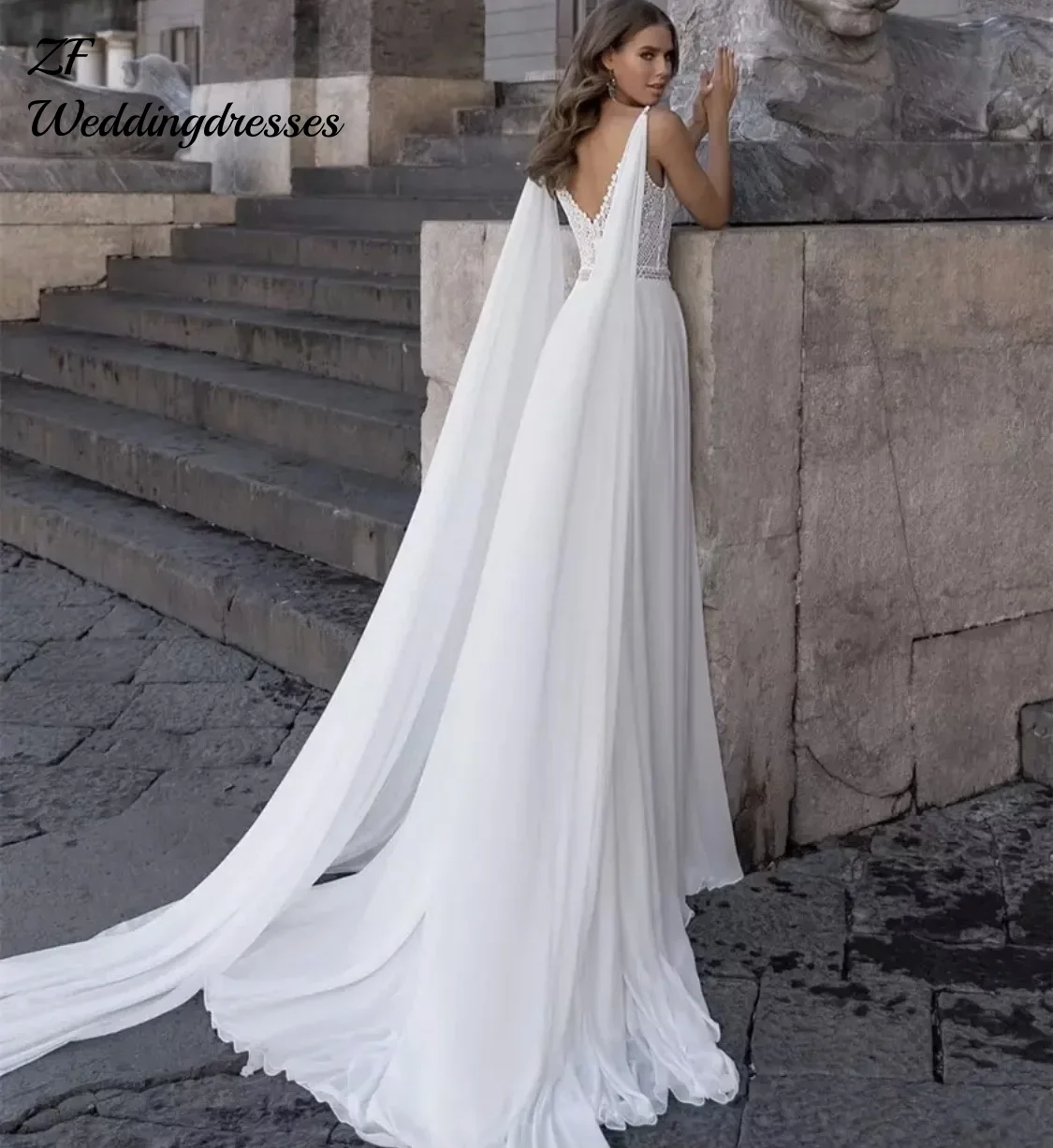 Vestido de noiva boêmio personalizado, decote em v, sem mangas, fenda lateral, alças espaguete, costas nuas, renda, apliques, até o chão, vestido de noiva