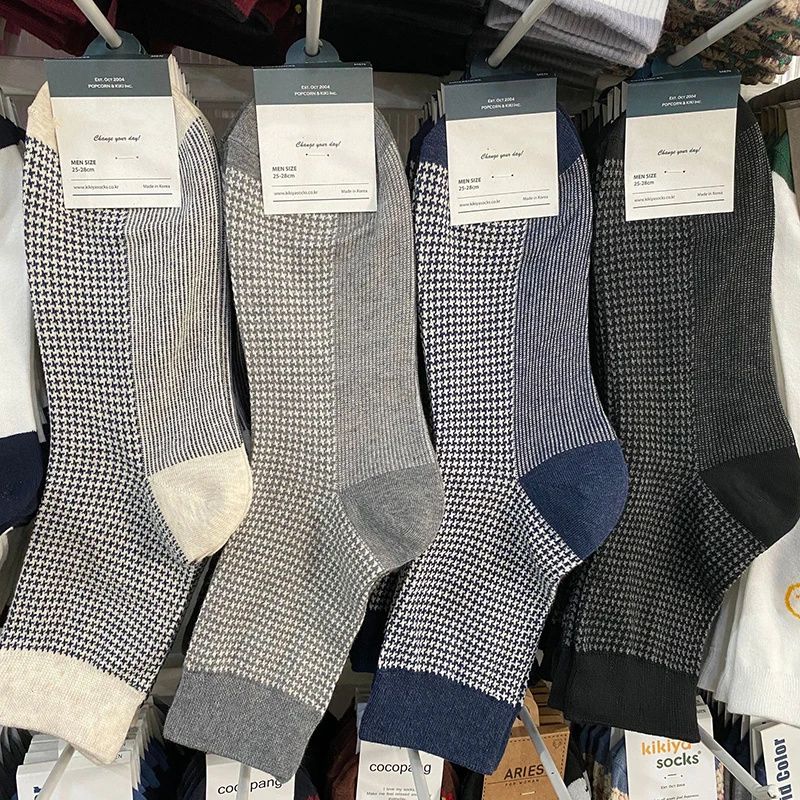 Gentleman Men's Socks Solid Color Combed Cotton Plaid Business Style Sport Mid Tube Boys Skateboard Novelty Breathable Gifts