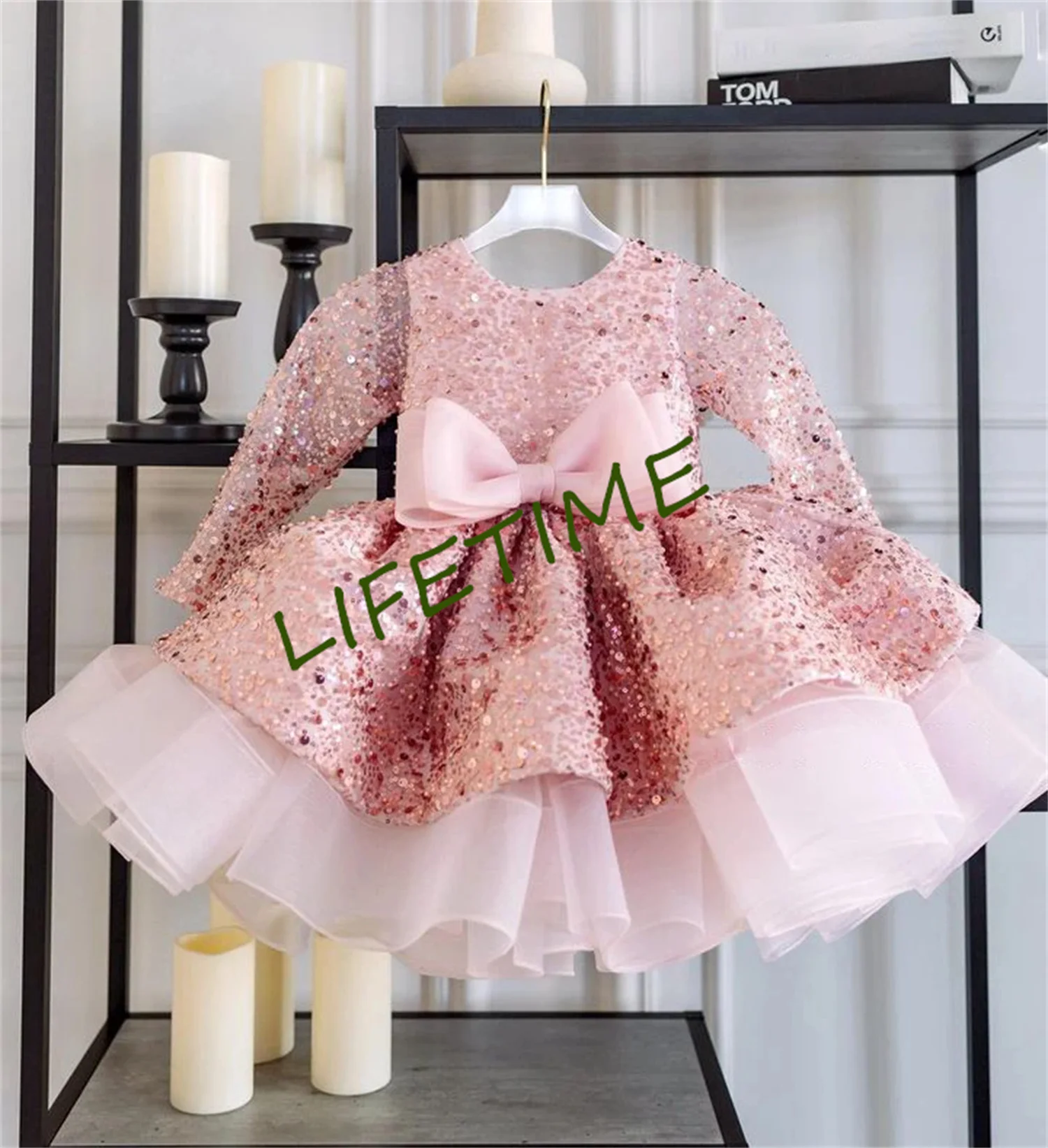 Vestidos inchados com flor de glitter para meninas, vestido princesa perolada, arco de primeira comunhão, presente de Natal para bebê, menina