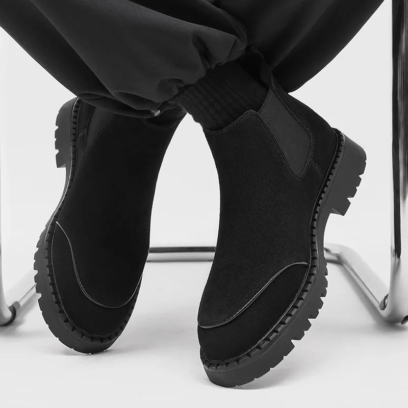 England Style Mens Casual Cow Suede Leather Boots Slip-On Autumn Winter Shoes Cowboy Flat Platform Boot Cool Chelsea Ankle Botas