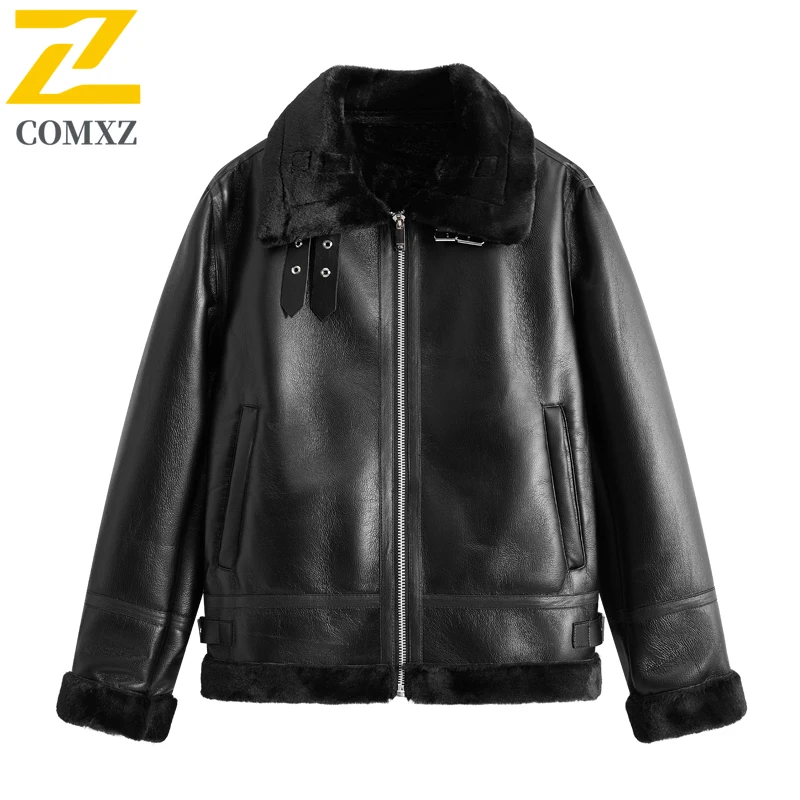 سترة COMXZ ريترو شيرلينغ الجلدية قسط العصرية الباردة والدليل على العمل معطف جلد PU الترفيه ارتداء اليومي من الملابس الدافئة #2
