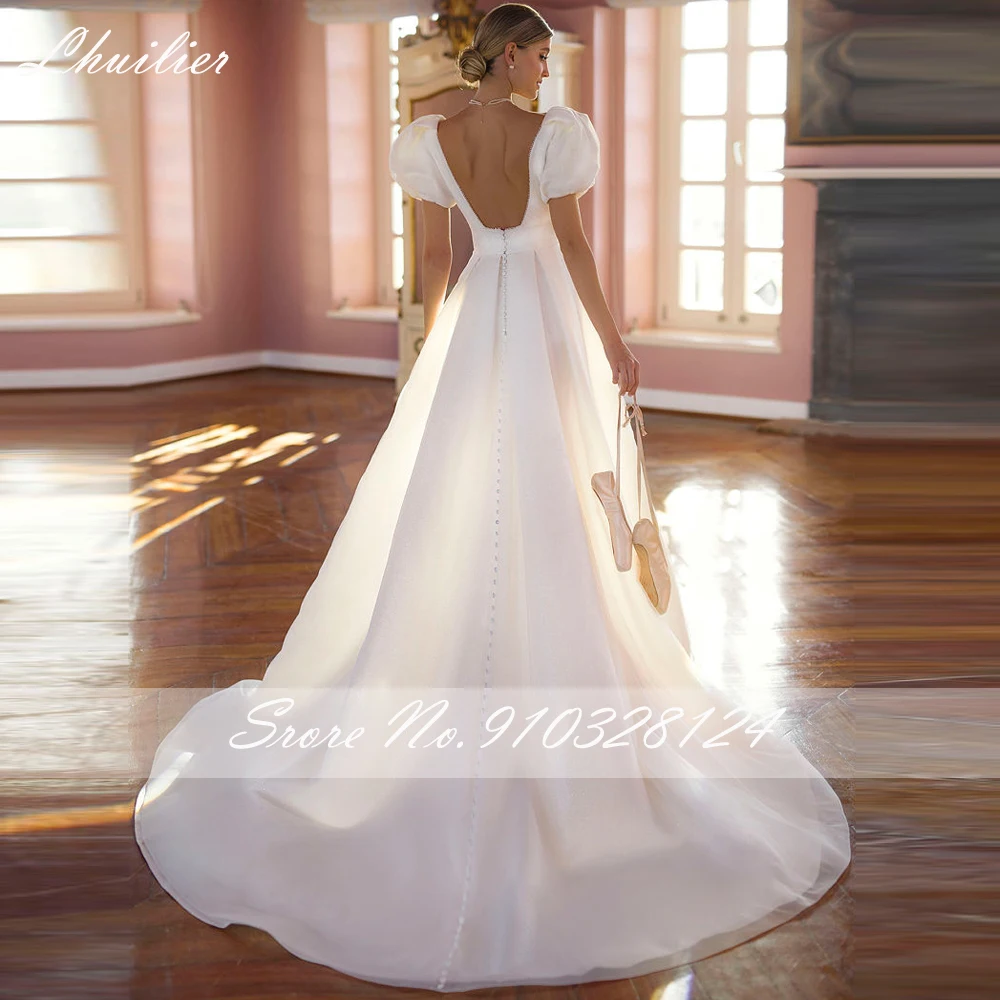 Lhuilier Personalizado A Linha V Neck Glitter Tulle Vestidos De Casamento Puff Mangas Até O Chão Vestidos De Noiva Sem Costas com Alta Fenda