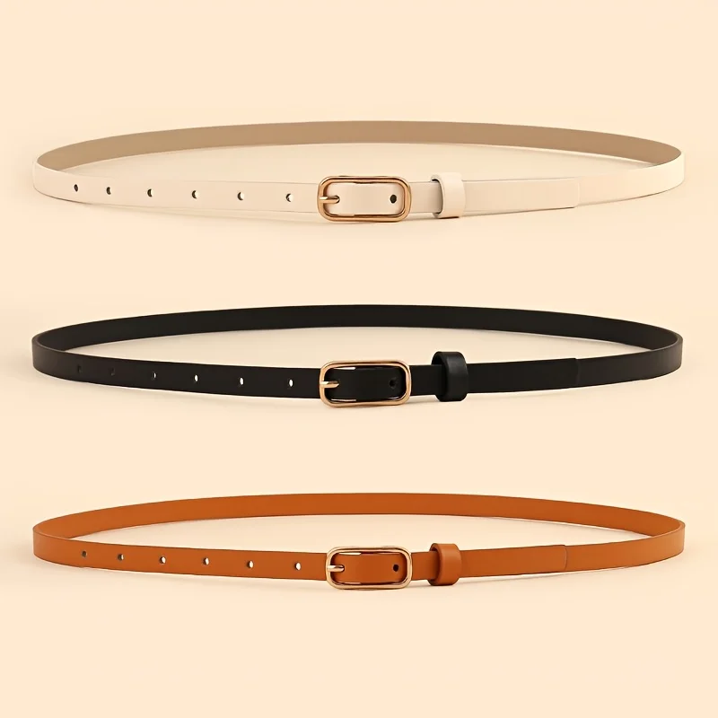 Square Gold Buckle Women's Thin Belt, Three-Color Pu Leather Simple Decorative Belt, Waist-Cinching and Slimming, Suitable for Dresses and Jeans, Versatile for Spring and Summer Commuting