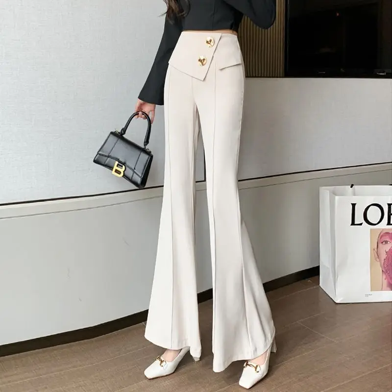 Spring and Autumn Women\'s Solid Color High Waist Slim Button Slim Horn Fashion Casual Office Lady All-match Suit Trousers