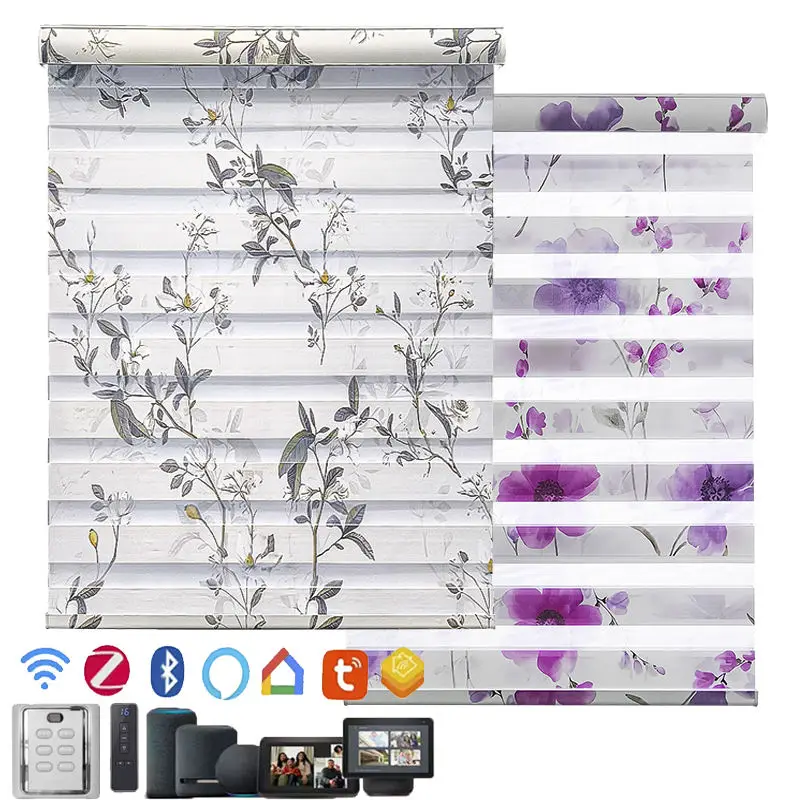 

Custom Automatic Blackout Silent Motor APP WiFi Smart Control Dual Layer Day and Night Shade Printed Windows Roller Zebra Blinds