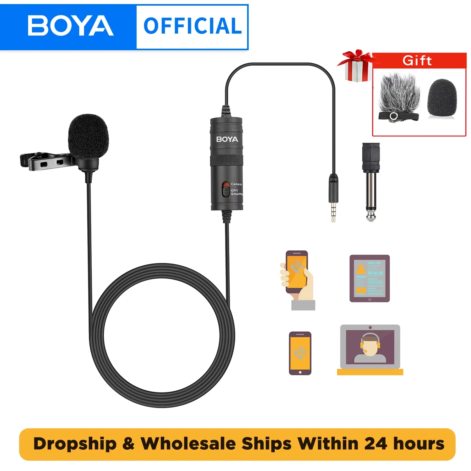 BOYA BY-M1 Kondenser Yaka Yaka Klipsli Mikrofon 3.5mm TRRS 6 M Mikrofon PC iphone DSLR Kamera YouTube Kayıt Akışı