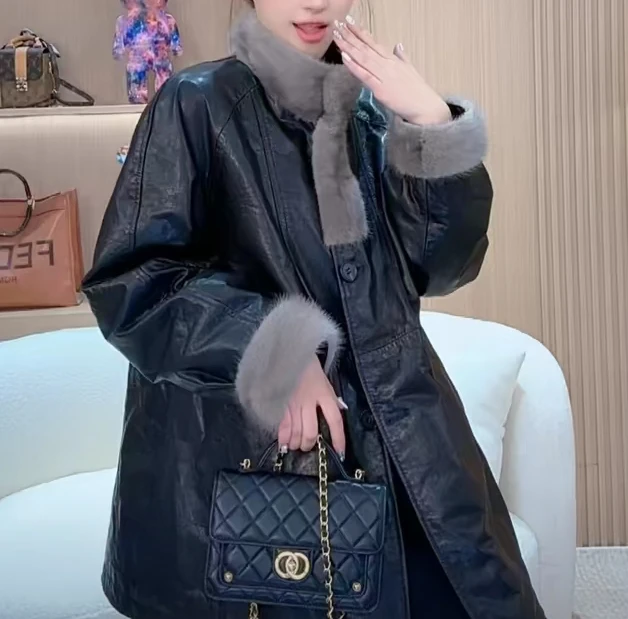Skórzany płaszcz damski o luźnym kroju, średniej długości, puchowy, z kołnierzem, jesienno-zimowy, nowy, modny, wyszczuplający płaszcz.